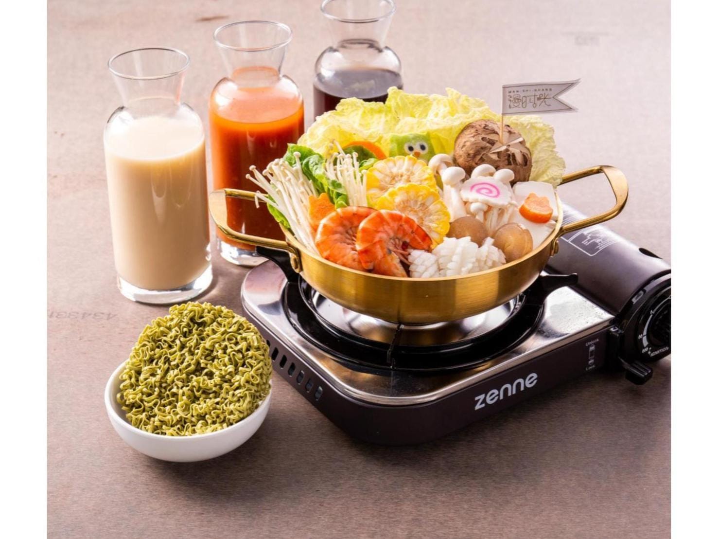 Seafood double combo low-cal hot pot on a portable burner