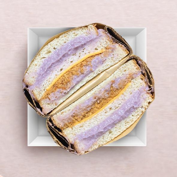 Taro mashed chicken floss sandwich, cross-section